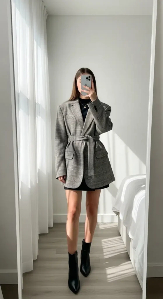 10 Black Mini Skirt Outfit Ideas: plaid oversized blazer belted at waist, black ankle boots, bedroom mirror selfie