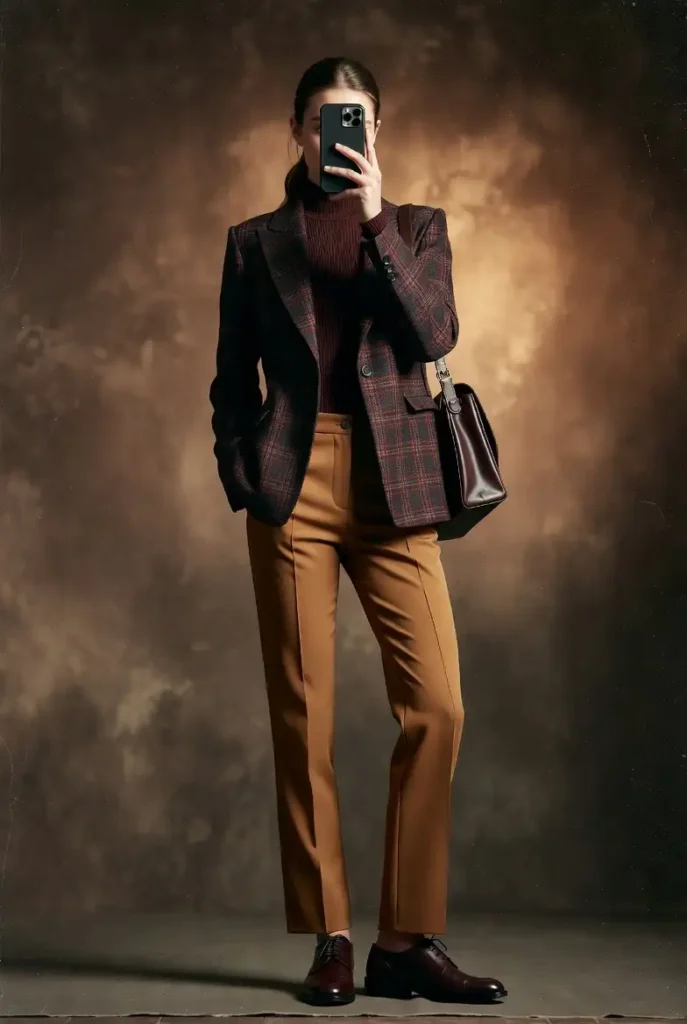 From 10 dark academia outfit ideas: dark plaid blazer over burgundy turtleneck with camel trousers, oxfords