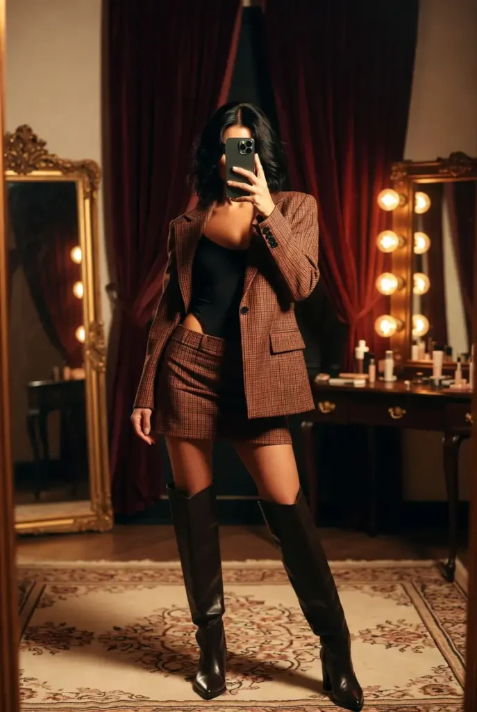 10 Trendy Fall Birthday Outfit Ideas for Women: brown plaid coord set with blazer, mini skirt, and tall black leather boots