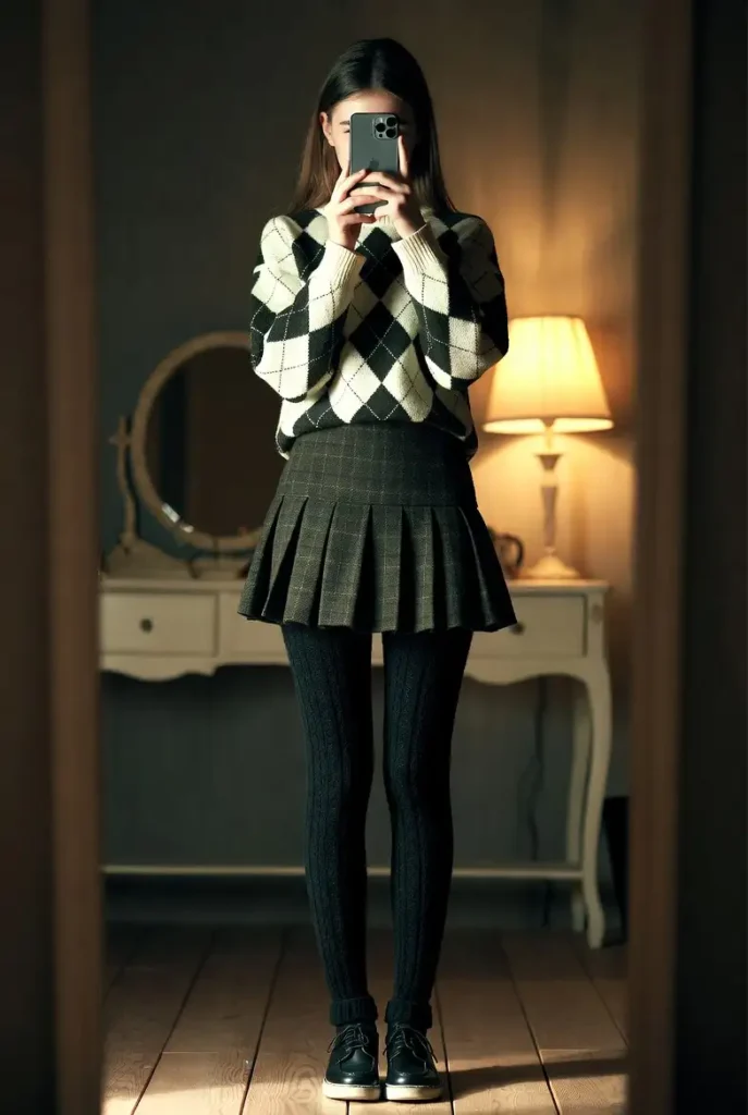 One of 10 dark academia outfit ideas: argyle sweater, plaid mini skirt, chunky black tights, oxford shoes