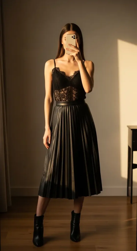 Mirror selfie of a stylish woman in lace camisole and pleated black leather skirt for Black Leather Skirt Outfit Ideas.