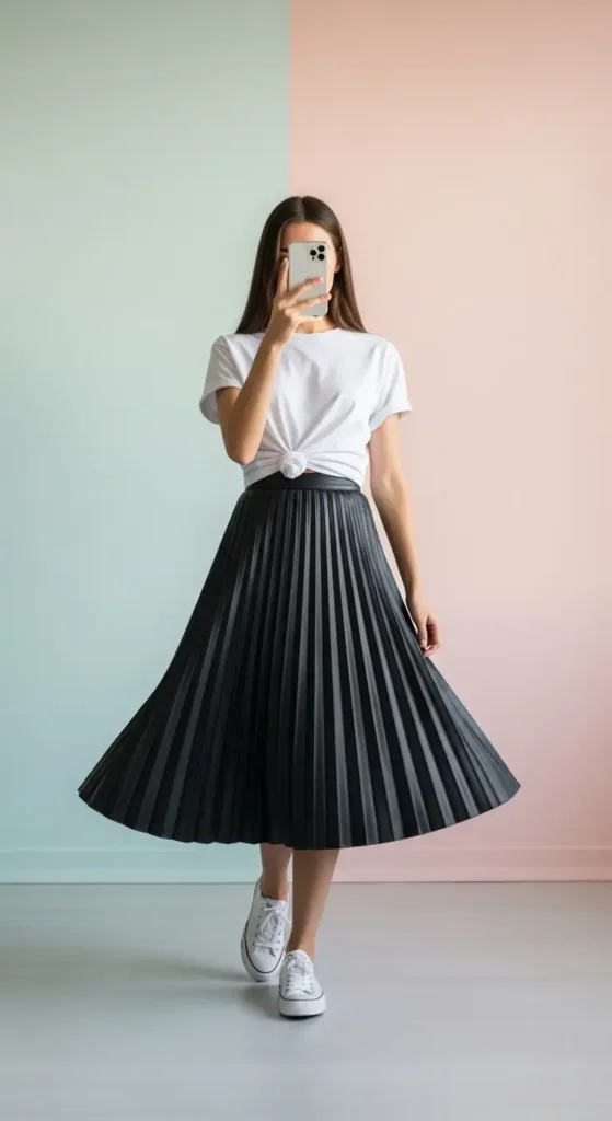 Mirror selfie of a stylish woman in white t-shirt and pleated black leather skirt with sneakers for Black Leather Skirt Outfit Ideas.