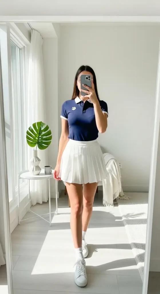 Woman taking a mirror selfie in navy polo shirt and white tennis skirt as part of 10 Preppy Outfit Ideas.