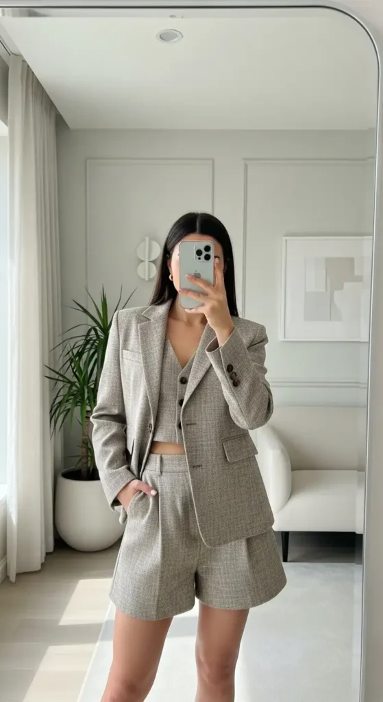 Woman taking a mirror selfie in grey tweed co-ord blazer, vest and shorts as part of 10 Preppy Outfit Ideas.