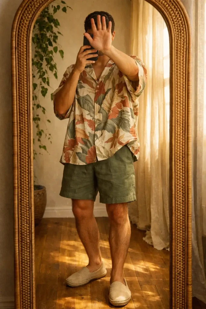  From 10 Cottagecore Outfit Ideas for Men: botanical-print smock shirt with olive shorts and beige espadrilles