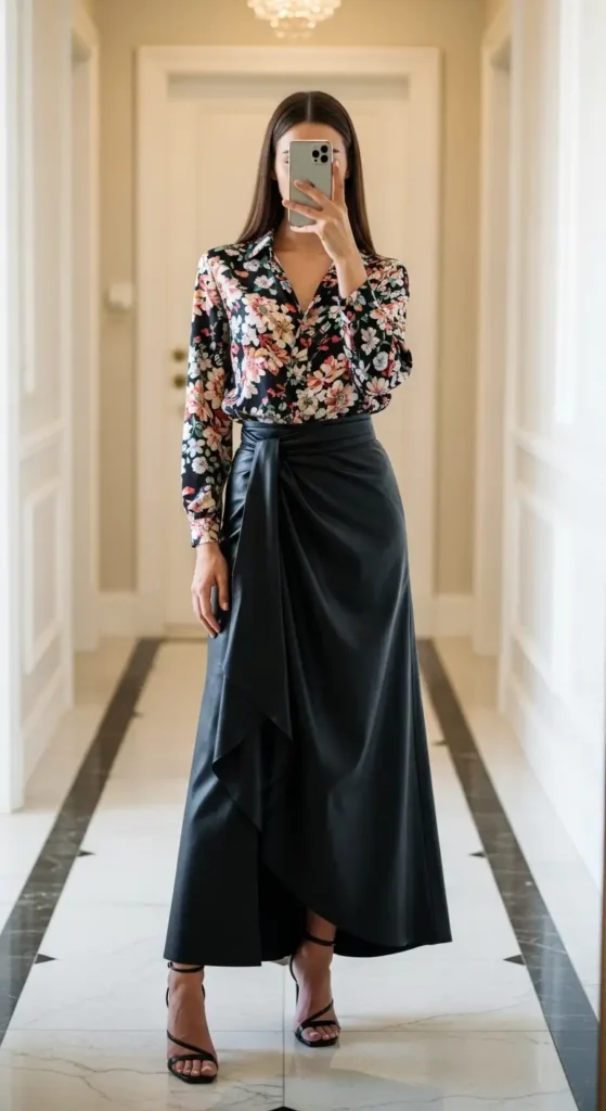 Mirror selfie of a stylish woman in floral printed top and black leather maxi skirt for Black Leather Skirt Outfit Ideas.