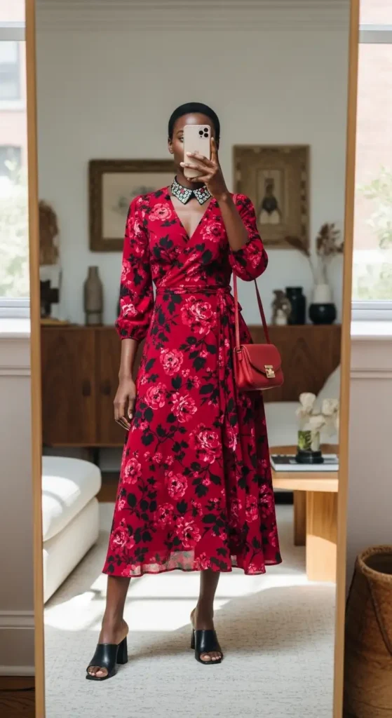 Red floral wrap dress in 10 Summer Birthday Outfit Ideas for Black Women, iPhone mirror selfie in stylish apartment
