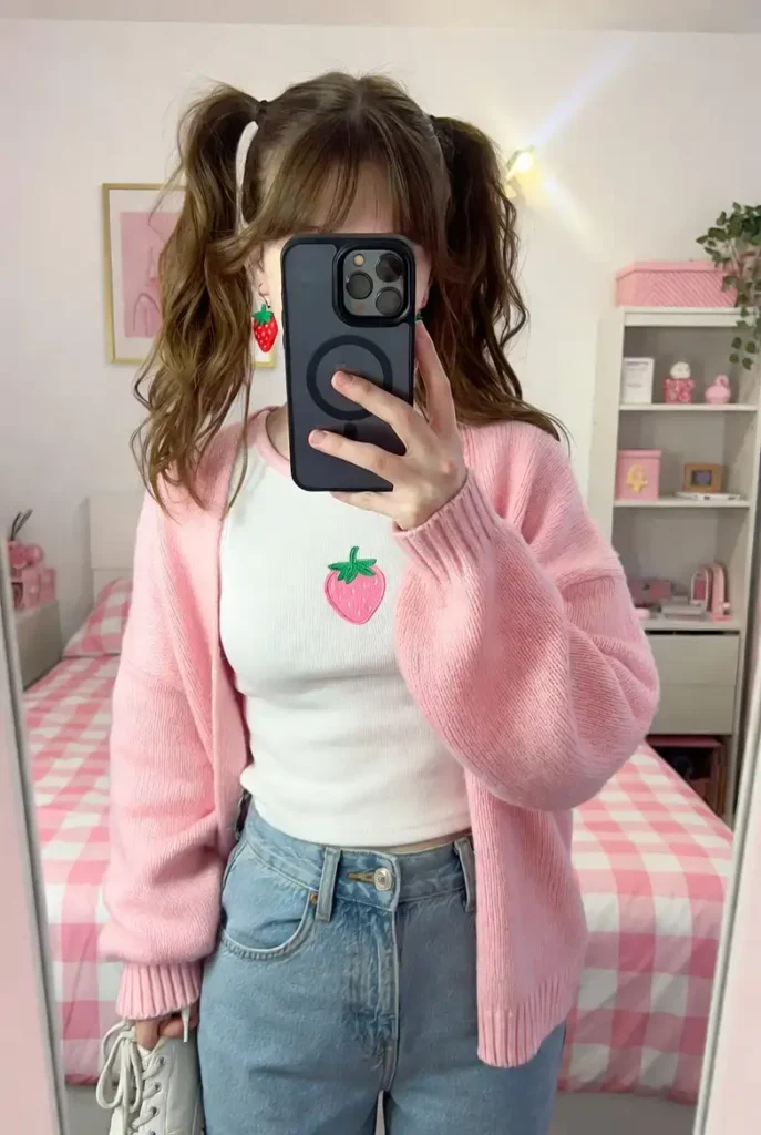 Pink cardigan over strawberry graphic tee with mom jeans — kawaii Roblox aesthetic outfits real life mirror selfie