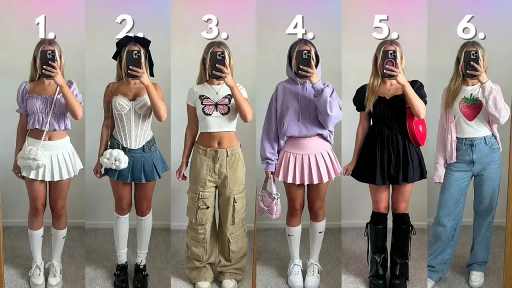 Six Roblox aesthetic outfits real life mirror selfie collage featuring cutecore coquette Y2K and soft girl styles
