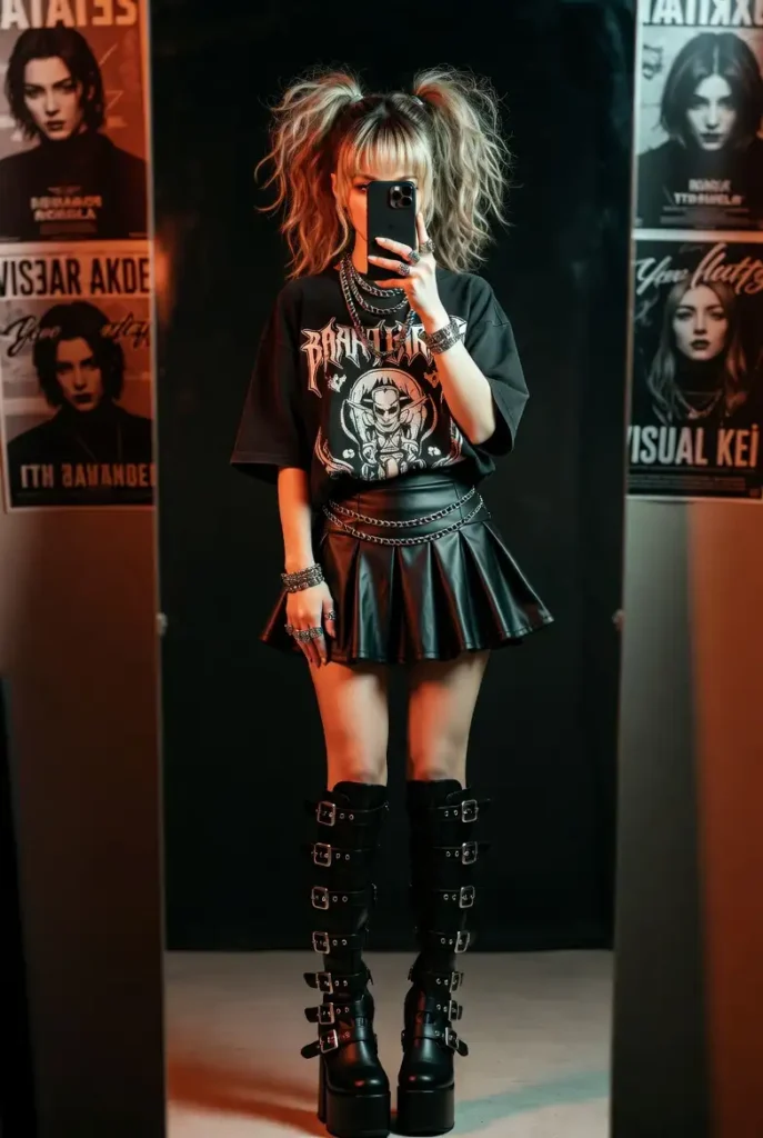 Mirror selfie in a band graphic tee, black pleather mini skirt, and knee-high platform boots from 10 gyaru outfit ideas.
