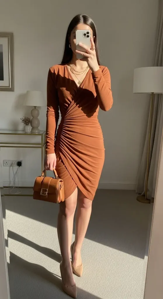 Rust-orange ruched wrap midi dress with matching handbag, one of 10 Aesthetic Baddie Outfit Ideas.