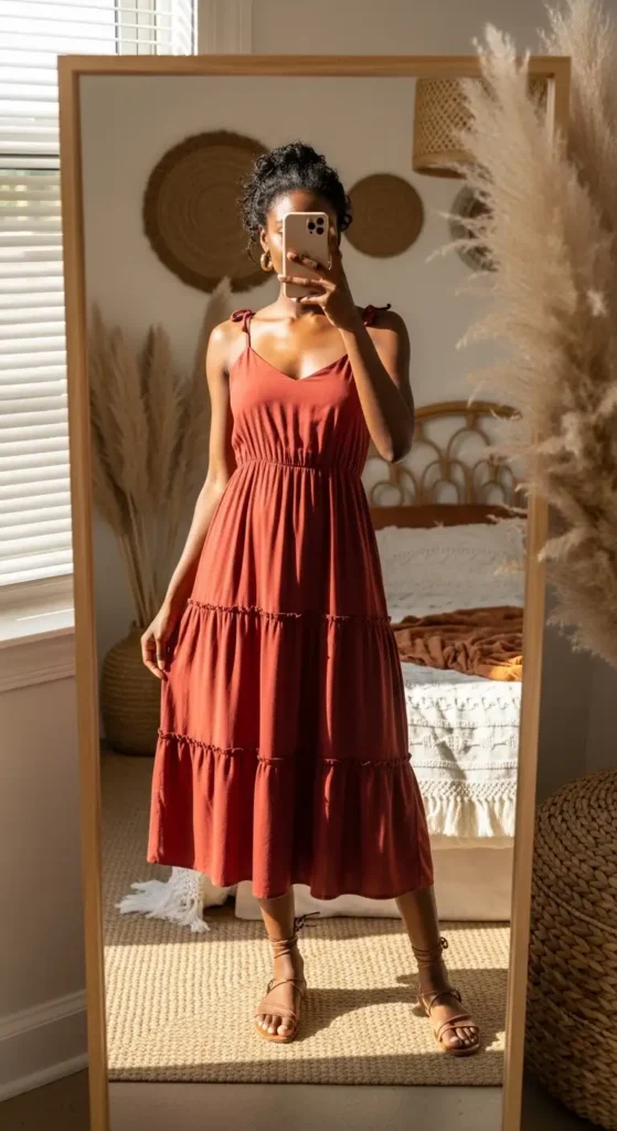 Terracotta ruffle sundress in 10 Summer Birthday Outfit Ideas for Black Women, iPhone mirror selfie in boho bedroom