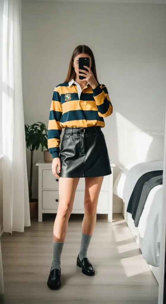 Mirror selfie of a stylish woman in striped rugby polo and black leather mini skirt with loafers for Black Leather Skirt Outfit Ideas.