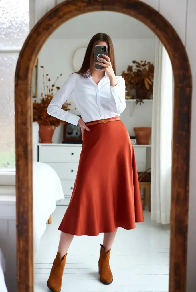 10 Trendy Fall Birthday Outfit Ideas for Women: rust midi skirt with white fitted blouse, thin belt, and tan cowboy boots