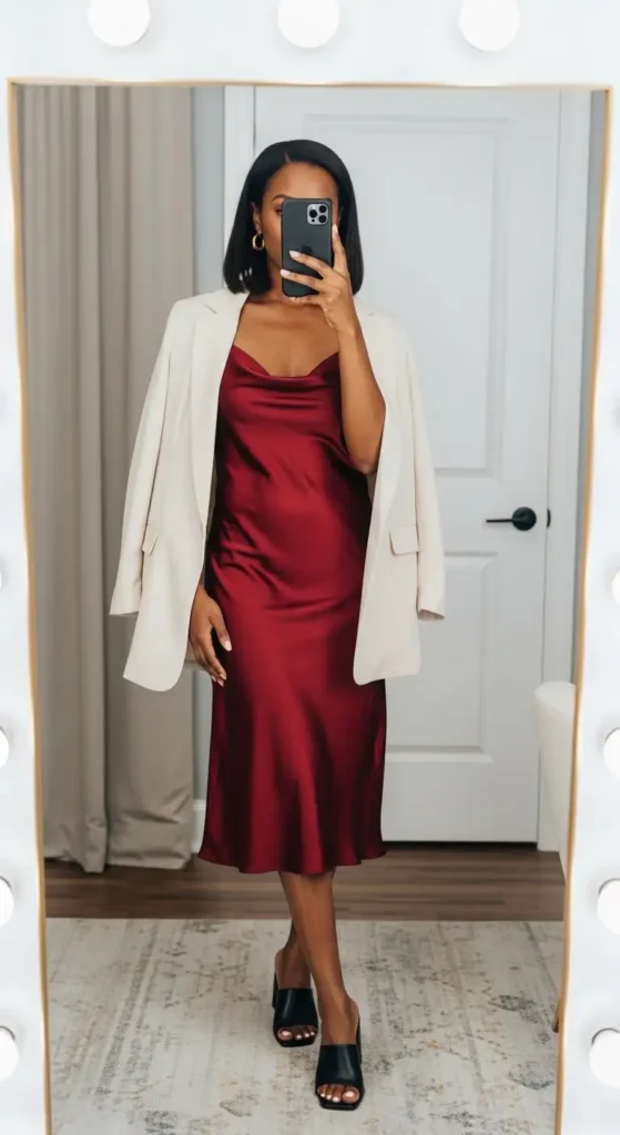 A Black woman in a wine satin slip dress and cream blazer — an elegant birthday dinner outfit idea for Black women