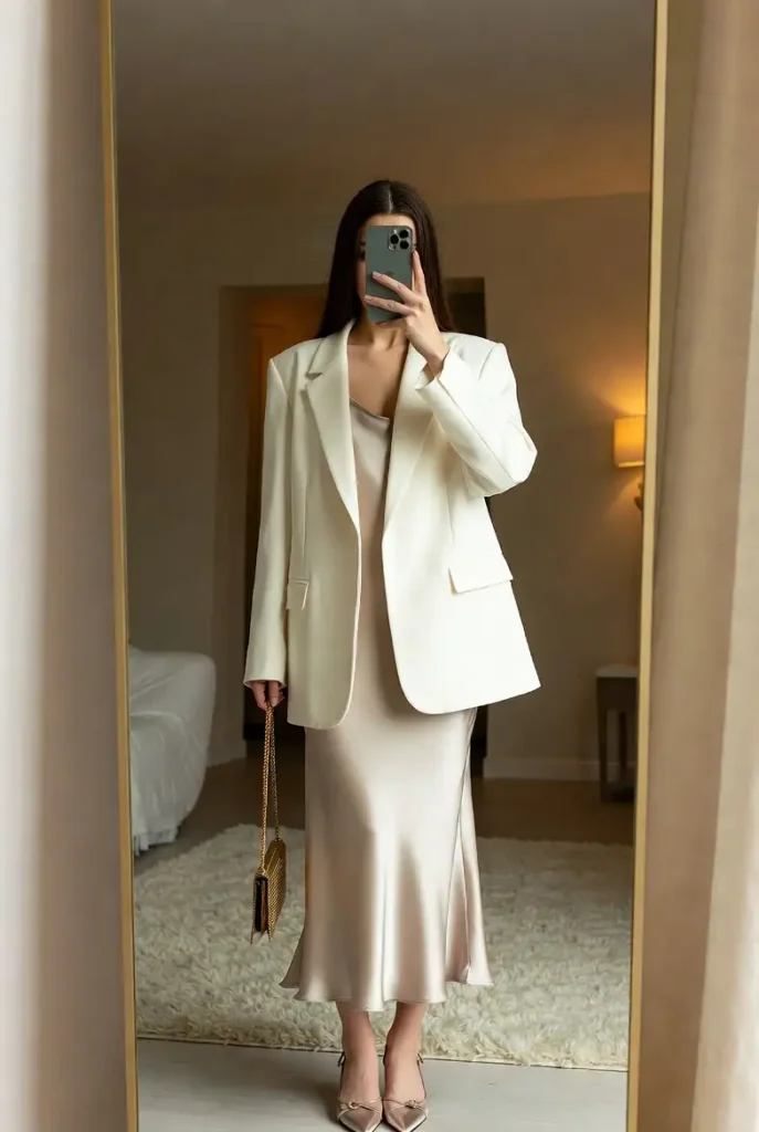 Champagne satin slip dress under an ivory blazer — an effortlessly classy 25th birthday outfit idea.