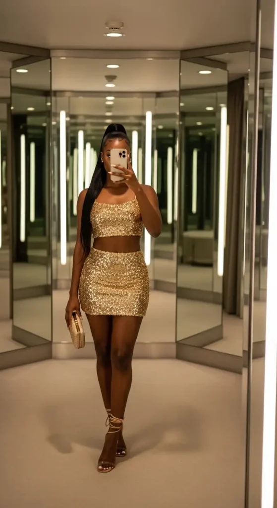 Gold sequin skirt set in 10 Summer Birthday Outfit Ideas for Black Women, iPhone mirror selfie in glamorous mirrored room
