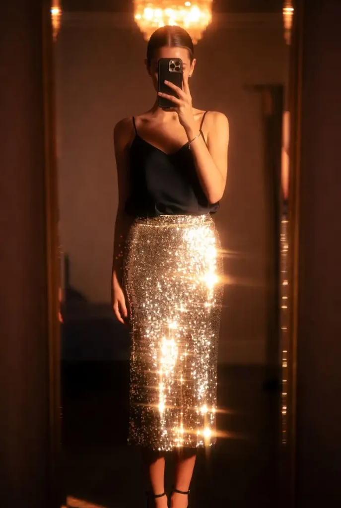 Gold sequin midi skirt with a black cami top — a sparkling classy 25th birthday outfit idea for evenings.
