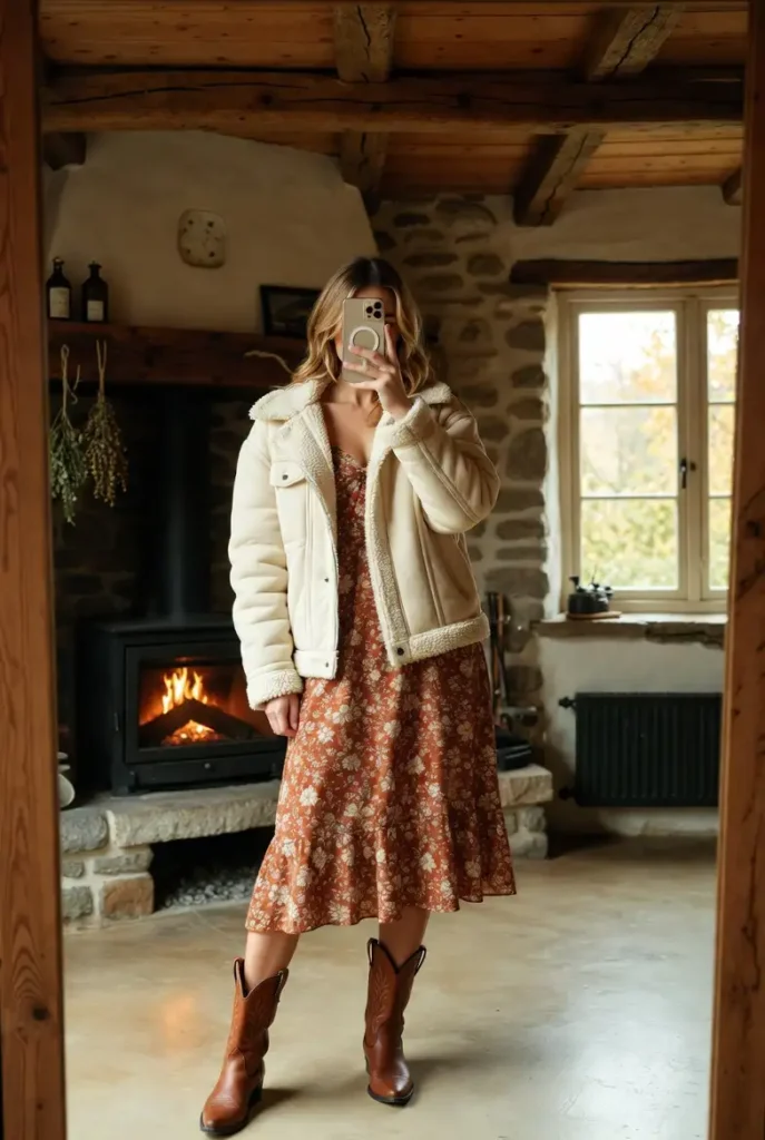 10 Trendy Fall Birthday Outfit Ideas for Women: cream shearling jacket over a rust floral midi dress with cowboy boots
