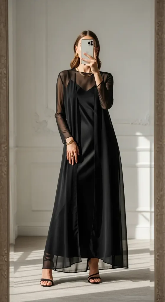Flowy black satin slip dress under sheer long-sleeve overlay, included in 10 Aesthetic Baddie Outfit Ideas.