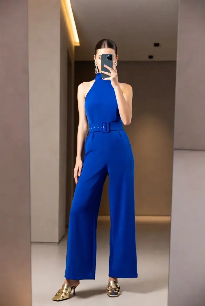 Cobalt blue belted halter jumpsuit with gold mules — a bold and classy 25th birthday outfit idea.