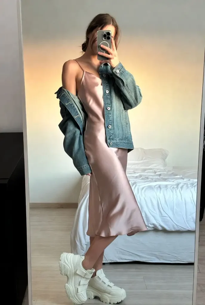 Casual 18th birthday outfit idea: blush satin slip dress layered under a denim jacket, styled with chunky white platform sneakers