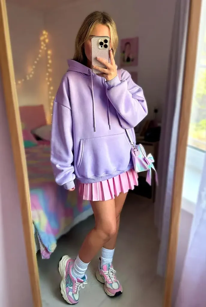 Oversized lavender hoodie with pink pleated mini skirt and bow bag — soft girl Roblox aesthetic outfits real life