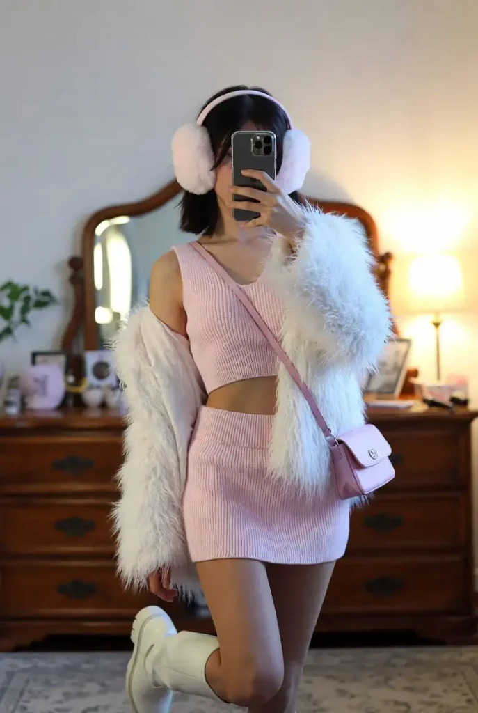 Pink knit set with fluffy white coat and earmuffs — soft girl winter Roblox aesthetic outfits real life selfie