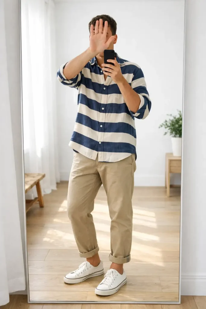 From 10 Cottagecore Outfit Ideas for Men: navy striped linen shirt with rolled chinos and white canvas sneakers