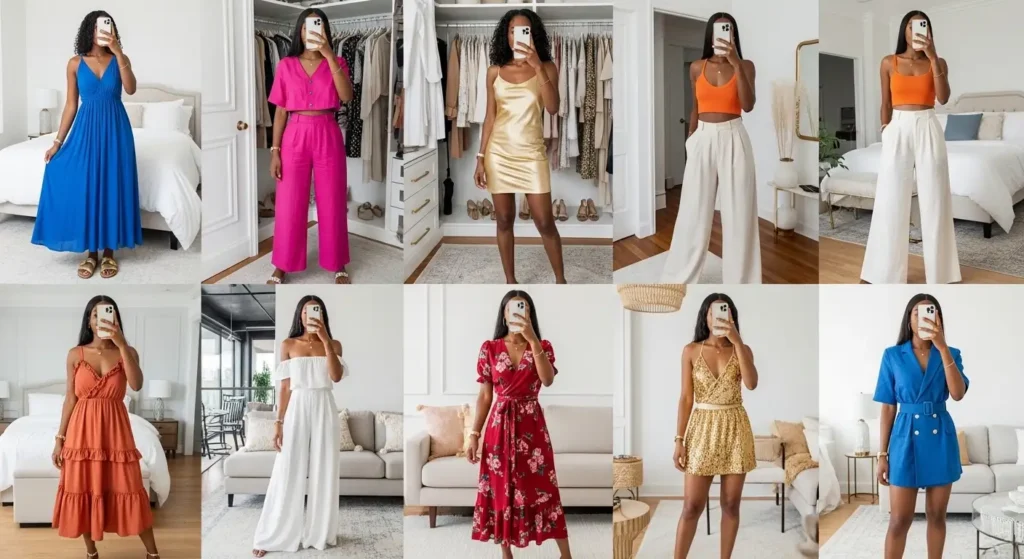 Style collage showing 10 Summer Birthday Outfit Ideas for Black Women in iPhone mirror selfies across different interiors