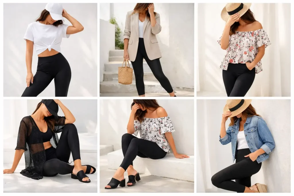 10 Black Leggings Outfits summer collage showing six stylish looks including white tee, blazer, floral top, and denim jacket