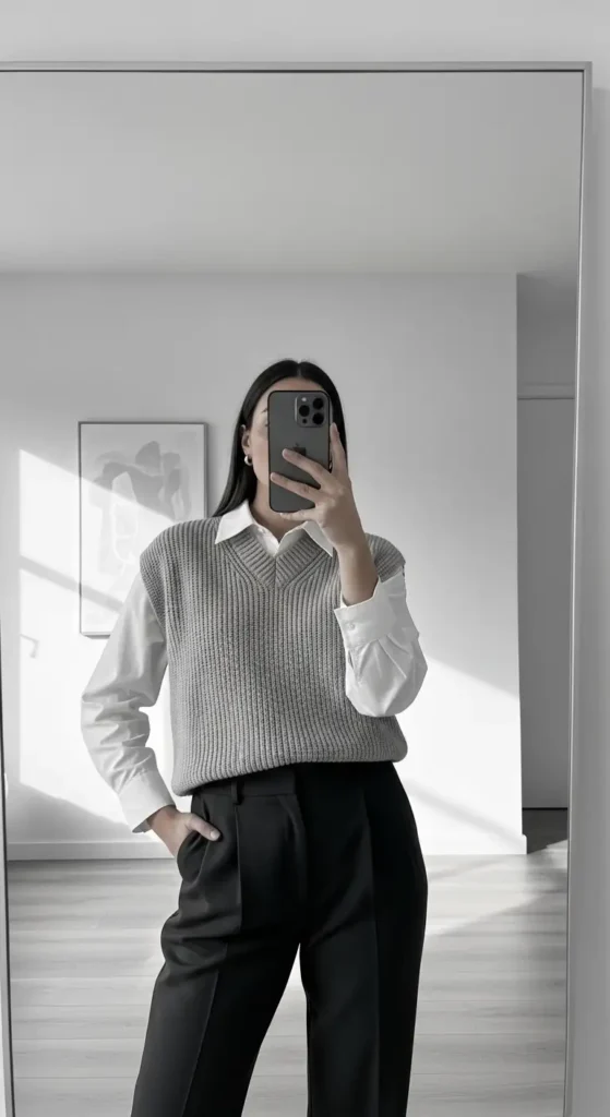 Woman taking a mirror selfie in grey sweater vest over white shirt and black trousers as part of 10 Preppy Outfit Ideas.