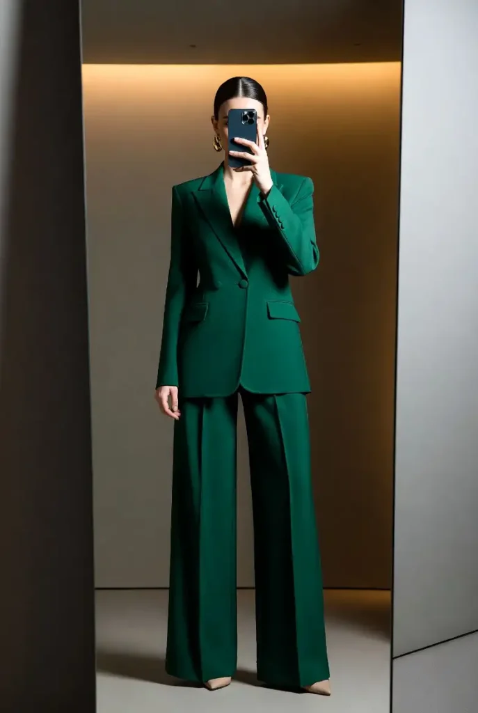 Emerald green tailored blazer and wide-leg trouser co-ord — a polished classy 25th birthday outfit idea.