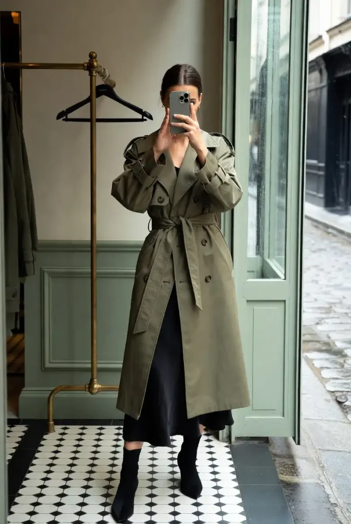 10 Trendy Fall Birthday Outfit Ideas for Women: tailored olive trench coat worn as a statement piece over a black midi dress
