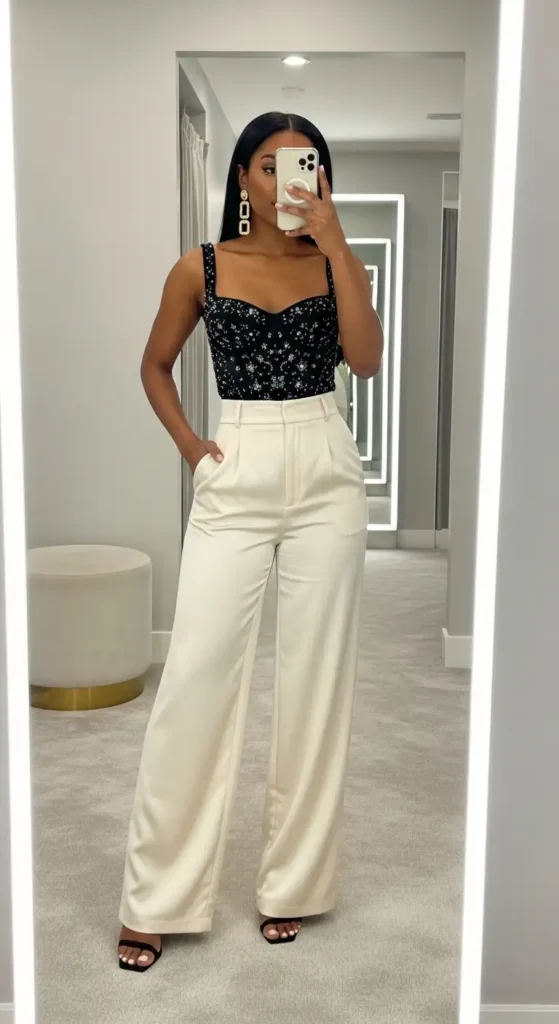 A Black woman in cream wide-leg trousers with a black corset top — a chic birthday dinner outfit idea for Black women