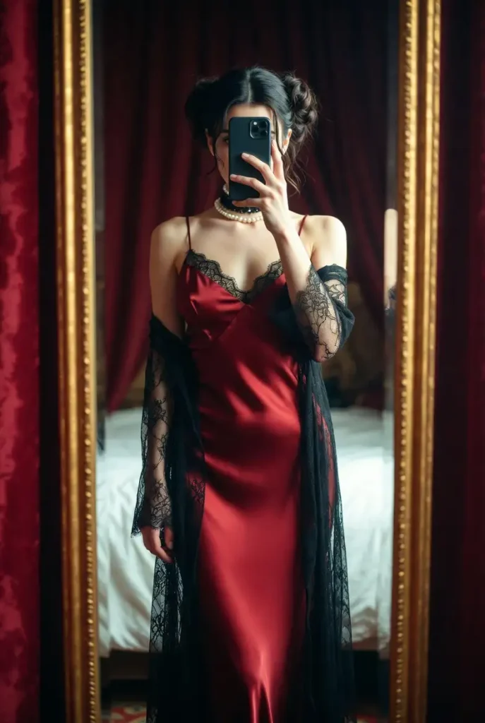 Crimson Lace Dream from 7 Dark Coquette Outfit Ideas for DTI — red satin slip dress with black lace overlay mirror selfie.