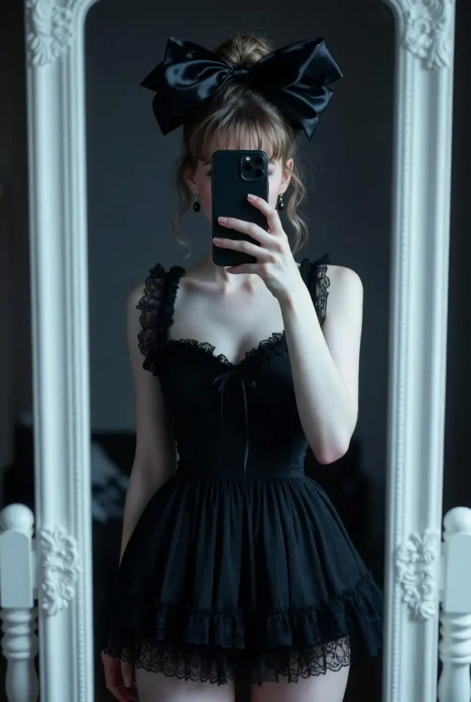 Dark Ribbon Doll from 7 Dark Coquette Outfit Ideas for DTI — black babydoll dress with oversized satin bow mirror selfie.