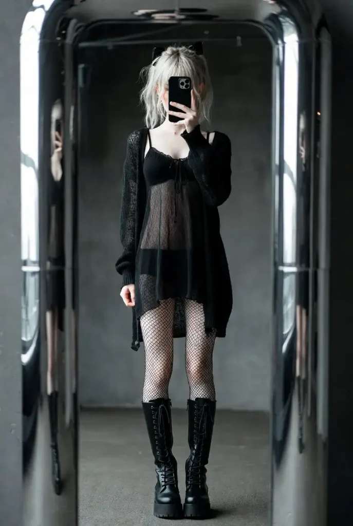 Grunge Princess from 7 Dark Coquette Outfit Ideas for DTI — black slip dress, fishnet tights, combat boots mirror selfie.