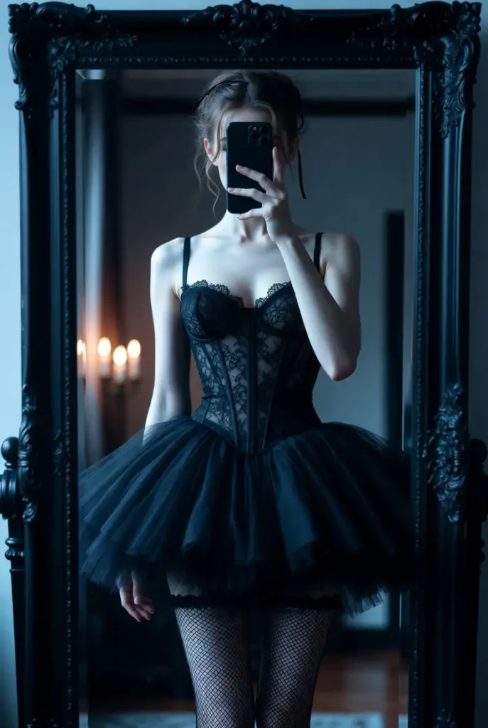 Midnight Ballerina from 7 Dark Coquette Outfit Ideas for DTI — black lace corset, tulle skirt, fishnet tights mirror selfie.