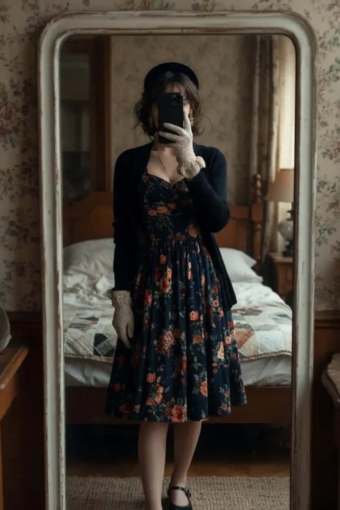 Moody Cottagecore from 7 Dark Coquette Outfit Ideas for DTI — dark floral dress, black cardigan, crochet gloves mirror selfie.