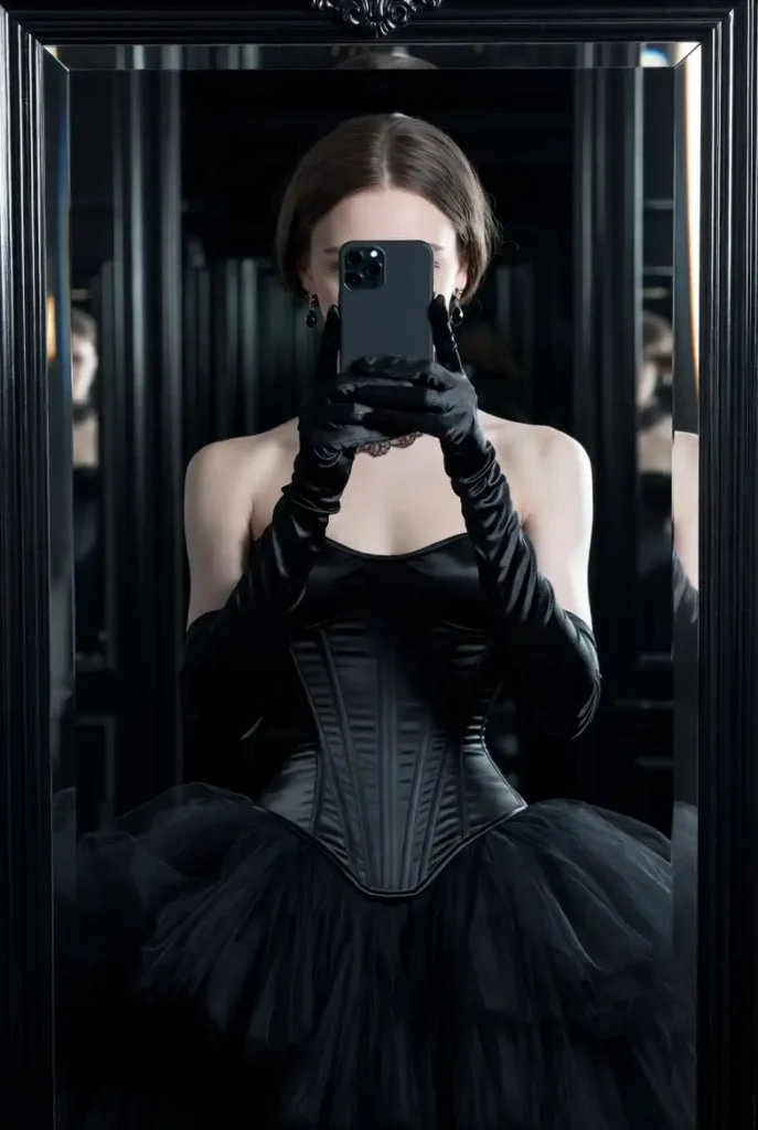 Shadow Femme from 7 Dark Coquette Outfit Ideas for DTI — black corset bodysuit, tulle skirt, satin gloves mirror selfie.