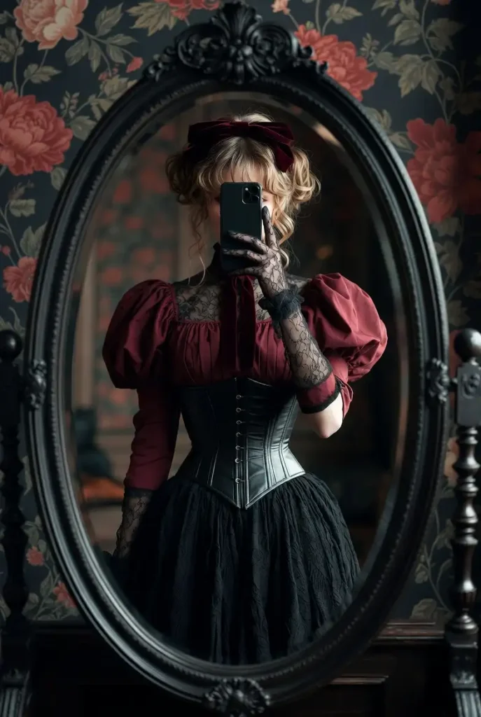 Victorian Dark Rose from 7 Dark Coquette Outfit Ideas for DTI — burgundy puff sleeve, black corset, lace gloves mirror selfie.