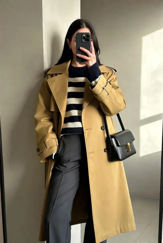 From 10 dark academia outfit ideas: camel trench coat over striped sweater with tailored dark trousers