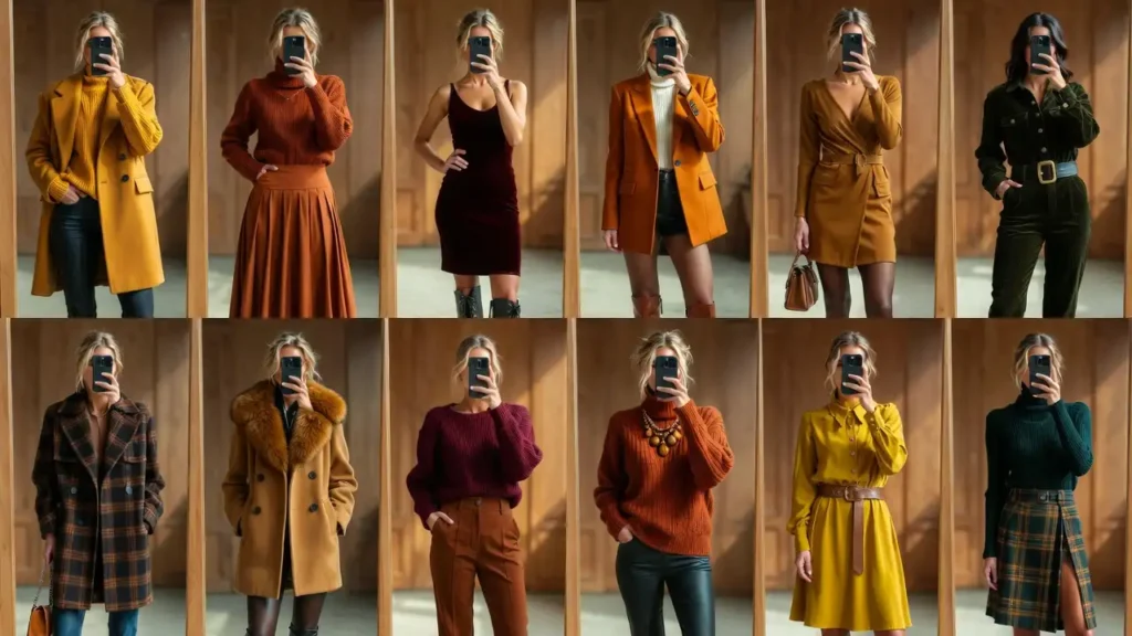 10 Trendy Fall Birthday Outfit Ideas for Women: collage of warm-toned fall looks in mustard, rust, burgundy, and forest green