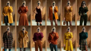 10 Trendy Fall Birthday Outfit Ideas for Women: collage of warm-toned fall looks in mustard, rust, burgundy, and forest green