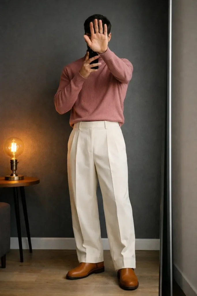 From 10 Cottagecore Outfit Ideas for Men: dusty rose turtleneck with wide-leg cream trousers and Chelsea boots
