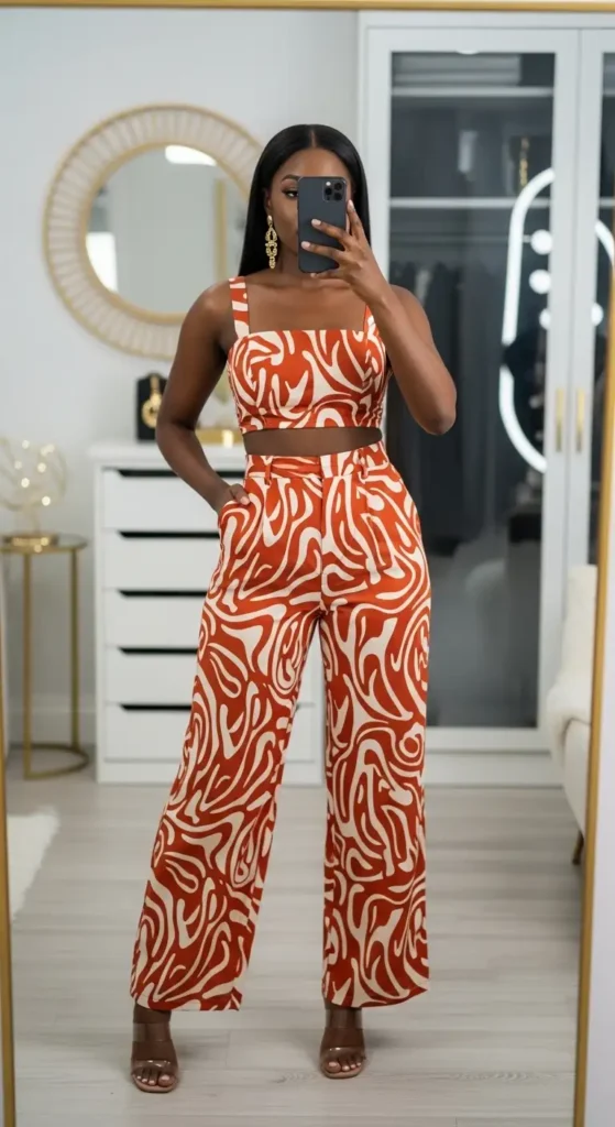 A Black woman in a rust abstract print crop top and wide-leg trousers — a birthday dinner outfit idea for Black women