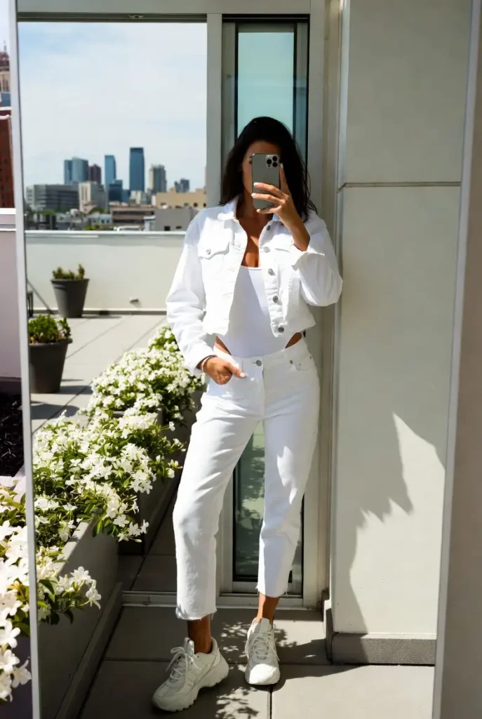 White denim jacket and straight-leg jeans rooftop mirror selfie — 10 All White Outfit Ideas for Spring
