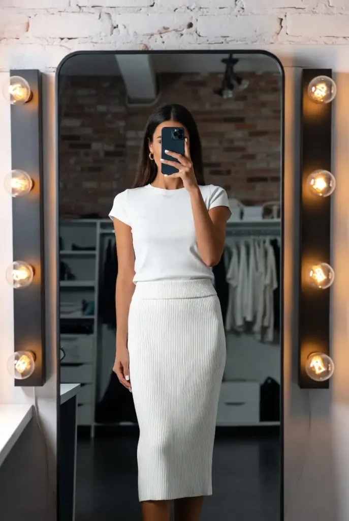 White ribbed knit midi skirt and fitted tee mirror selfie from 10 All White Outfit Ideas for Spring
