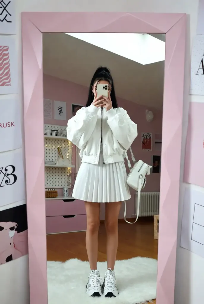 White pleated mini skirt and white bomber jacket mirror selfie — 10 All White Outfit Ideas for Spring
